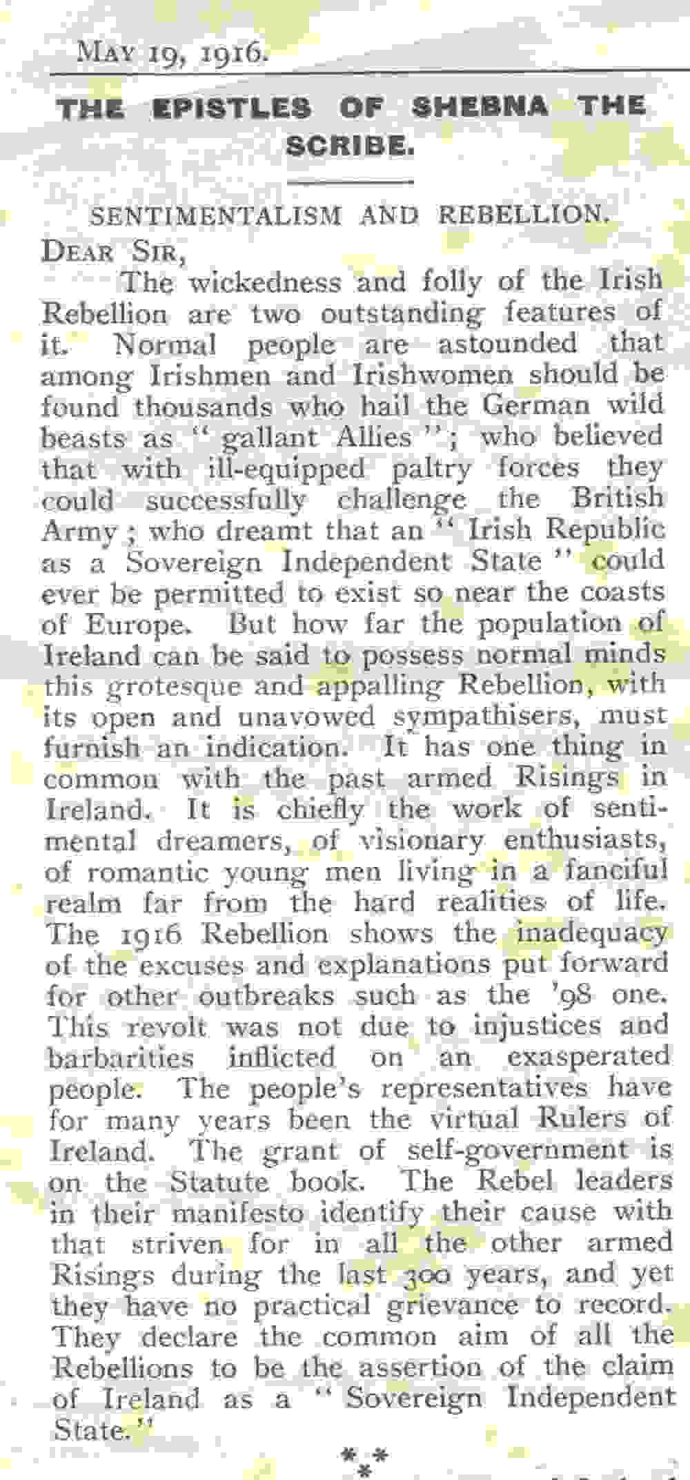 ‘Sentimentalism and Rebellion', being the Epistle of Shebna the Scribe, as published in the Church of Ireland Gazette, 19 May 1916, RCB Library MS 813/4/3.