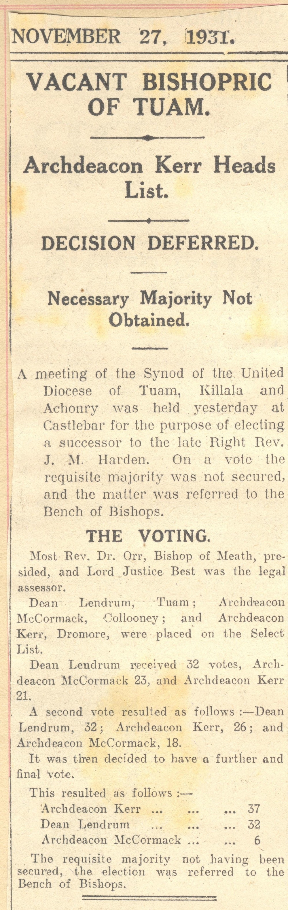 Scrapbook recording press report of voting in the ‘vacant bishopric       of Tuam', 27 November 1931, RCB Library MS 813/7/5.