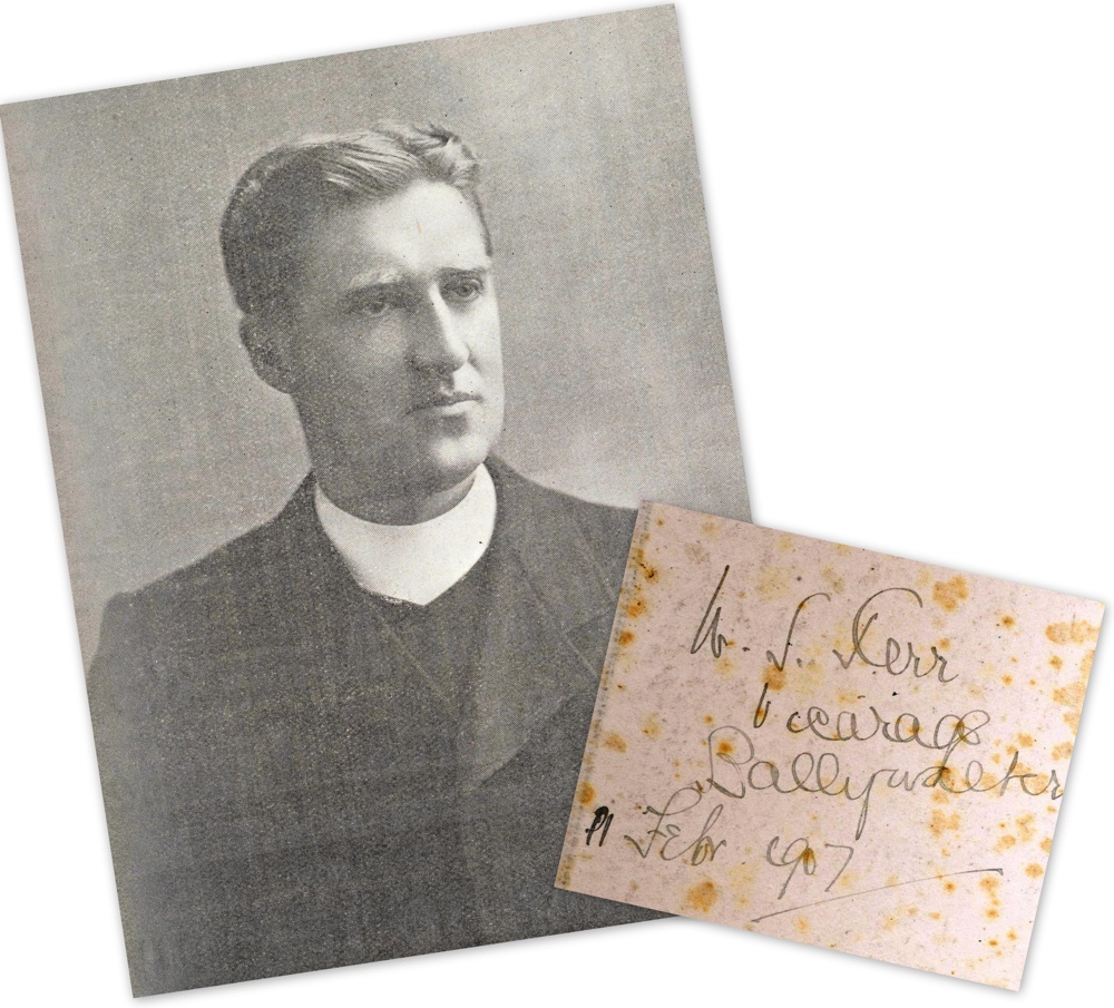 Revd William Shaw Kerr, photograph from the Church of Ireland Gazette, 1915, with title page from one of his sermon registers when rector of Ballywalter, February 1907, RCB Library MS 813/1/1.