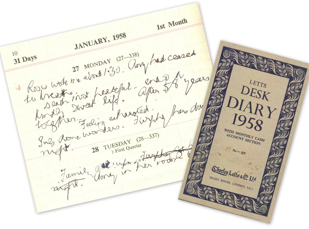 Diary entry for 27 January 1958, and cover of diary for 1958, RCB Library MS 813/3/7.