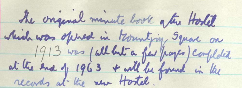 Detail of opening note in RCB Library, Divinity Hostel Minute Book no. 2, 1964-2000