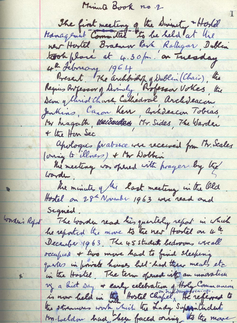 Opening minute of the Management Committee held at the new hostel, 4 February 1964, in RCB Library, Divinity Hostel Minute Book no. 2, 1964-2000