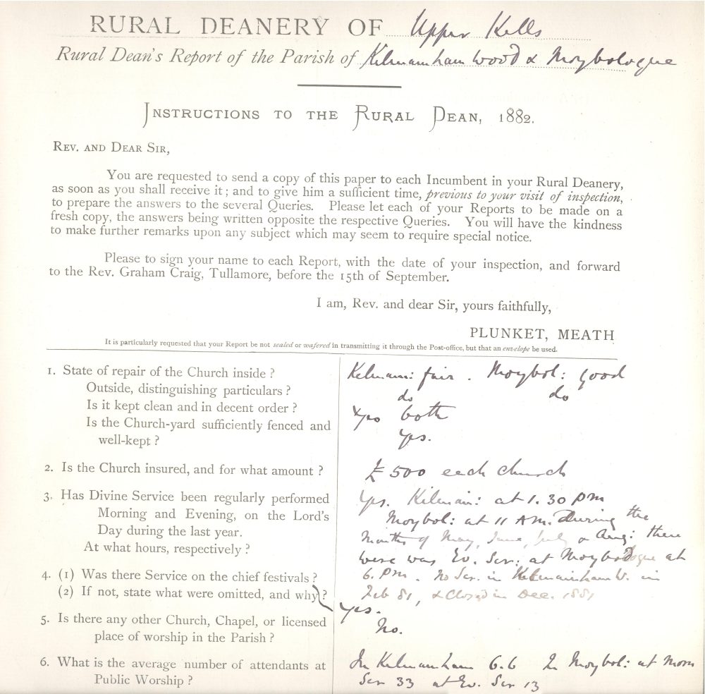 Return on pro-forma printed visitation record, as filled in by the rector of Kilmainham Wood and Moybologue in the rural deanery of Kells, 1882 RCB Library D7/1/33