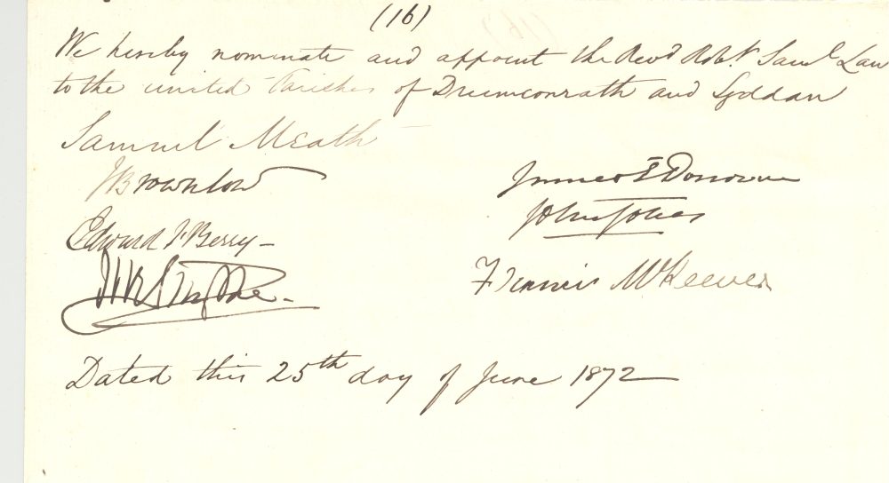 Board of nomination signatories nominating the Revd Robert Samuel Law to the united parishes of Drumconrath and Syddan, following their deliberations on 25 June 1872, RCB Library D7/3/6