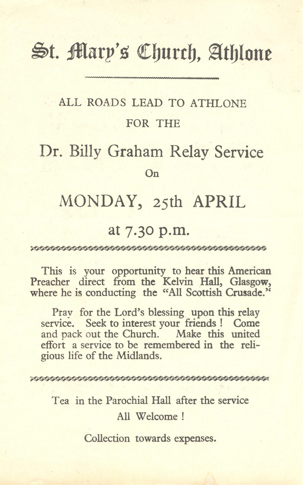 Flier advertising film showing the Billy Graham crusade in Glasgow, 1955, RCB Library D7/10/3