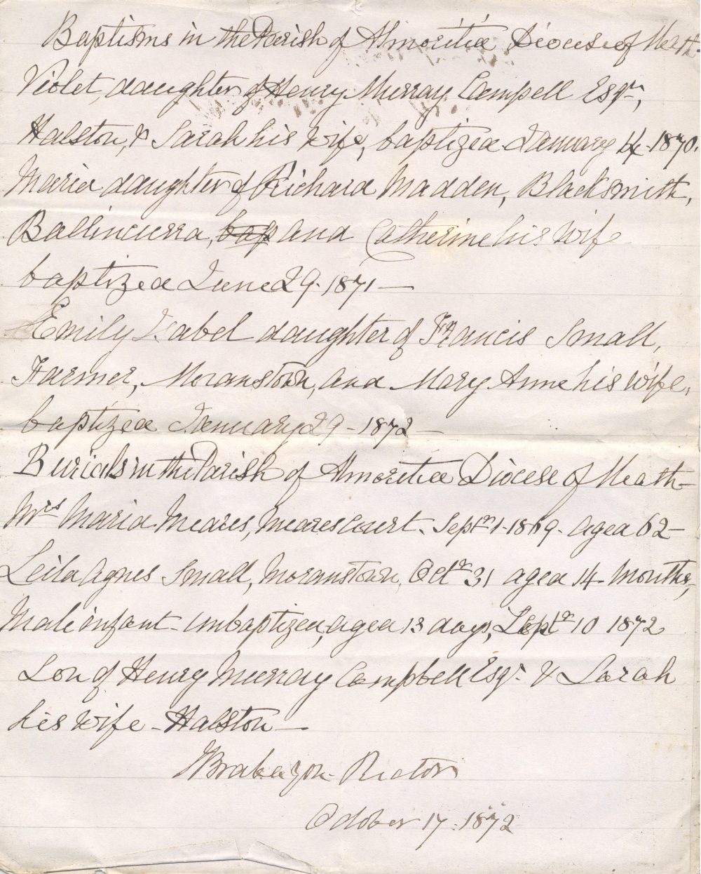Detail of entries of baptisms in the parish of Almorita, 1870-72, returned by the rector,     Revd John Brownlow, 17 October 1872, RCB Library D7/12/3/2
