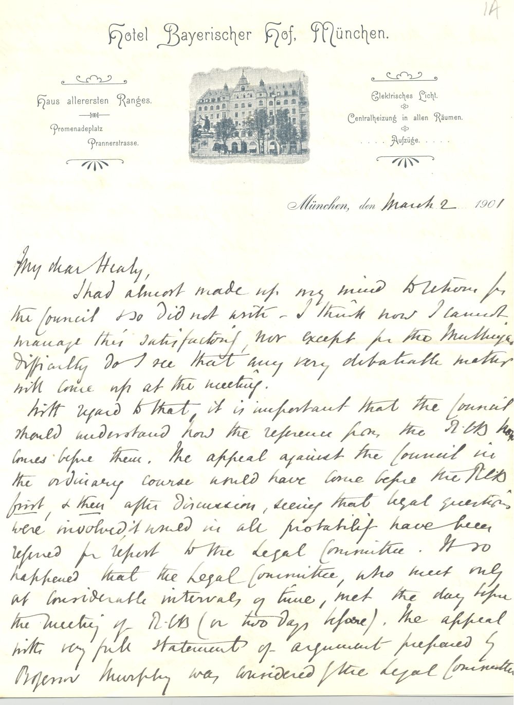 Letter from the Most Revd James Bennet Keane, Munich to Revd John Healy, keeping in touch with diocesan business, 2 March 1901, RCB Library D7/19/1/5/1