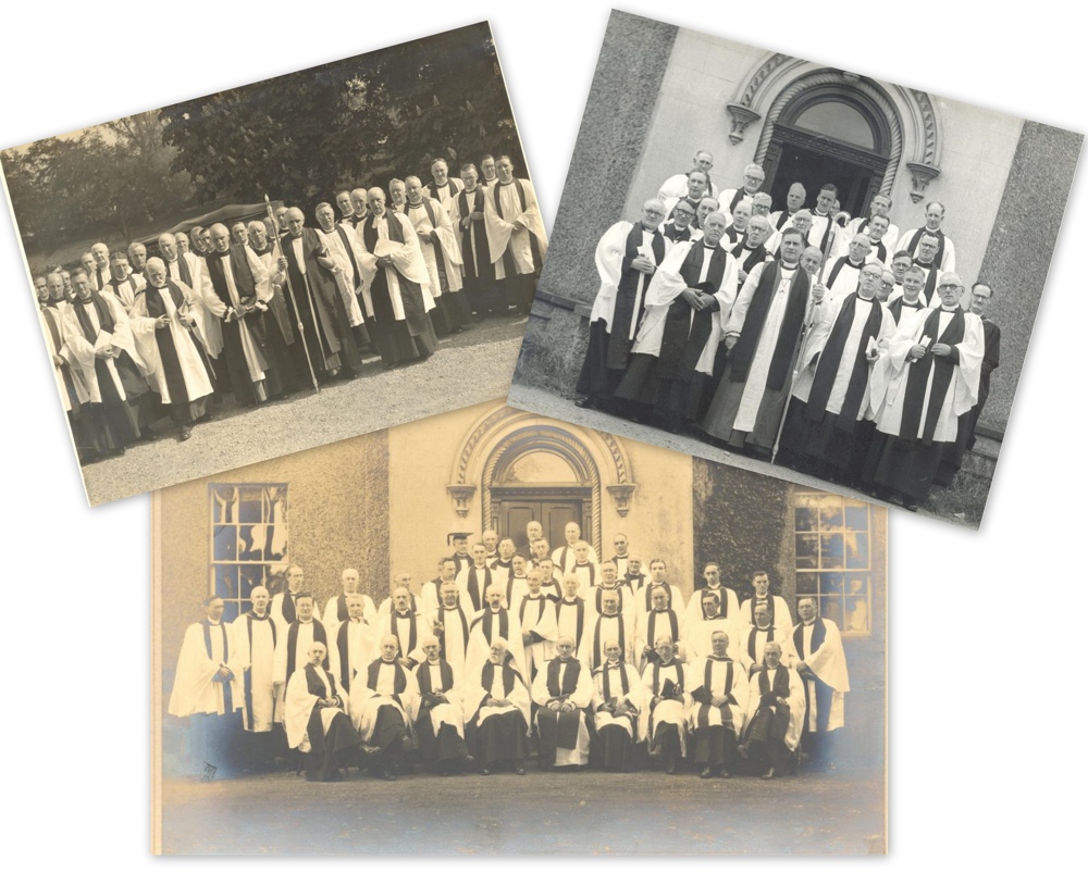 Main image bottom shows clergy group at the enthronment of the Most Revd John Orr, as bishop of Meath, at Trim, 21 October 1927, RCB Library D7/16/9 with top left clergy group at the presentation of a pastoral staff (replica of ancient crozier of Clonmacnoise) by the diocesan clergy, to the Most Revd John Orr, at Westmeath Choral Festival, 30 May 1934, RCB Library D7/16/11; and top right further clergy group at the enthronment of the Most Revd R. B. Pike, as bishop of Meath, at Trim, 12 June 1959, RCB Library D7/16/15