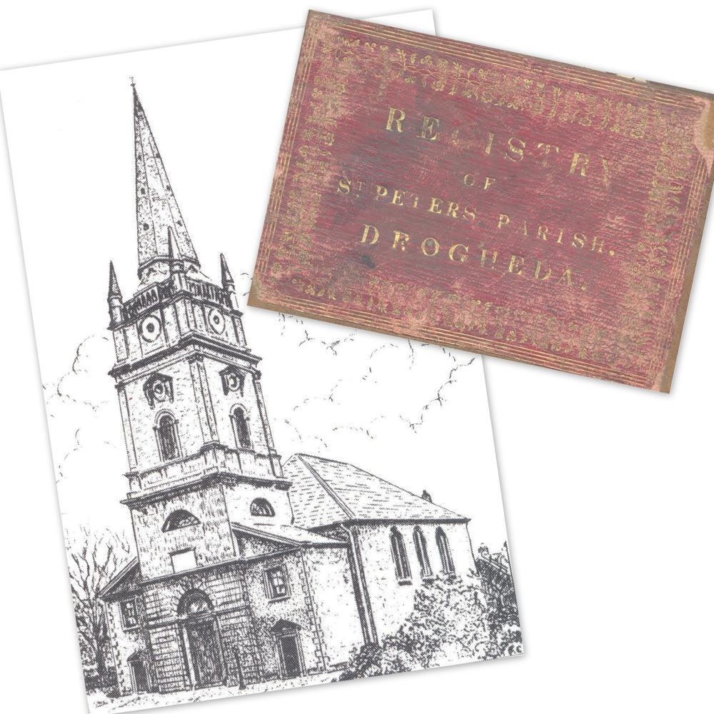 St Peter's parish church, Drogheda, and the label attached to the front cover of combined register RCB Library P854/1/2 comprising baptisms, marriages and burials 1702-1748