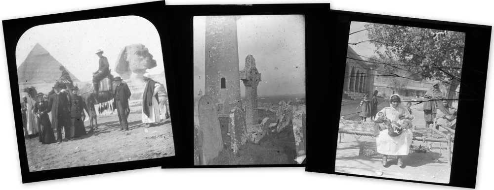 Collage of the following left to right: European travel group including at least one cleric in the foreground on camels at The Sphinx, Egypt; Irish round tour; Slide labelled “Nurse with babies in hospital compound” demonstrating the work of the Zenana Missionary Society, RCB Library Stillorgan Lantern Slides