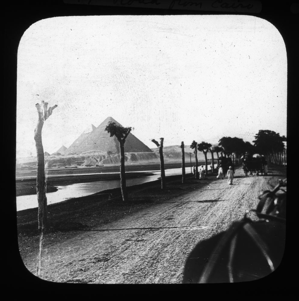 Slide labelled “Road from Cairo” showing the Pyramids in the background, RCB Library Stillorgan Lantern Slides, Europe–Holy Land travel