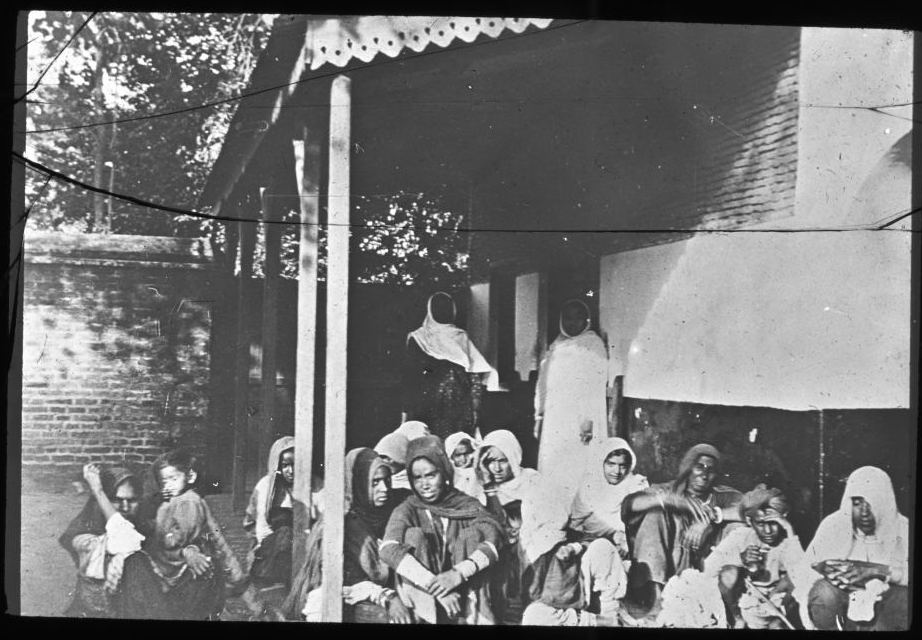 Slide labelled: “Out patients at Tarn Taran listening to Bible woman”, from RCB Library Stillorgan Lantern Slides, China