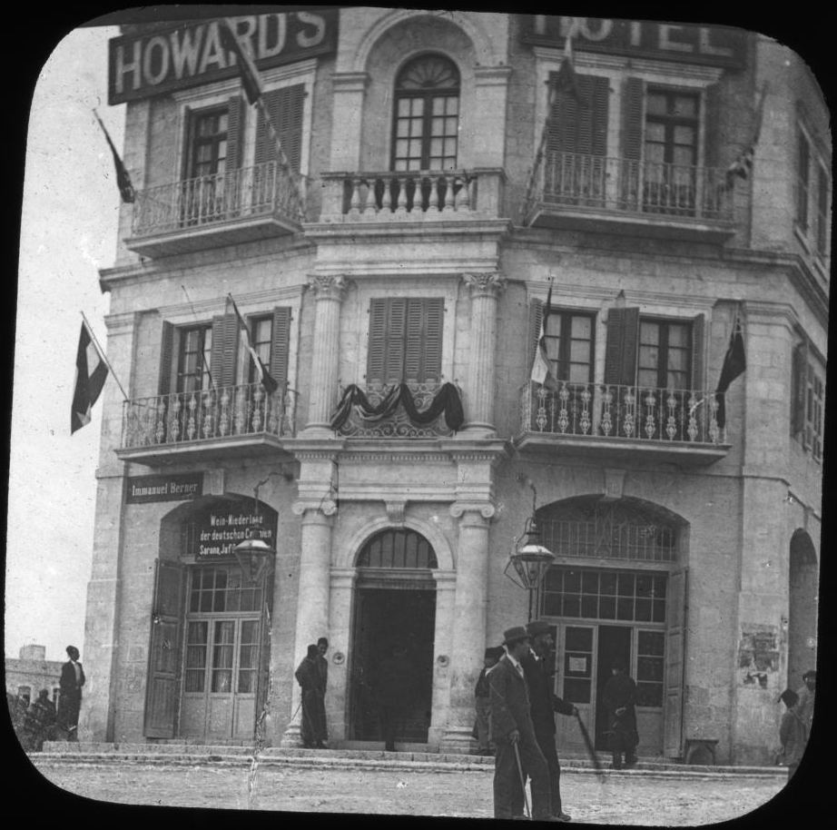 Slide labelled “Howard Hotel Jerusalem”. This hotel was located on the Jaffa Road, and its appearance in this collection helps to date the entire set of slide to before 1900, because it was renamed the Hotel du Parc by 1900, RCB Library Stillorgan Lantern Slides, Europe–Holy Land travel
