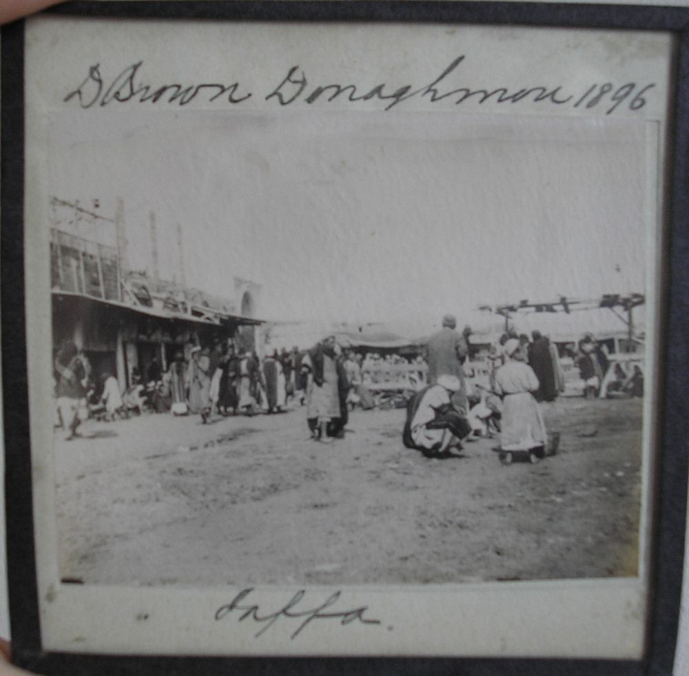 Slide labelled “D Brown Donaghmore 1896 Jaffa”, RCB Library Stillorgan Lantern Slides, Europe–Holy Land travel