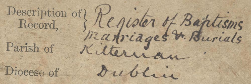 Descriptive label form the front of the first combined register for Kilternan, RCB Library P346/1/1