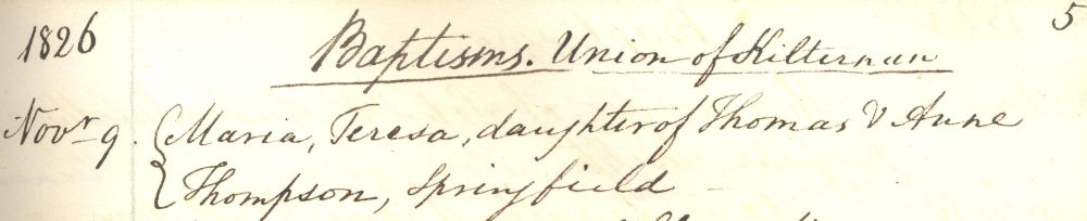 The first baptismal entry following the creation of the new union of Kilternan, 9 November 1826.
