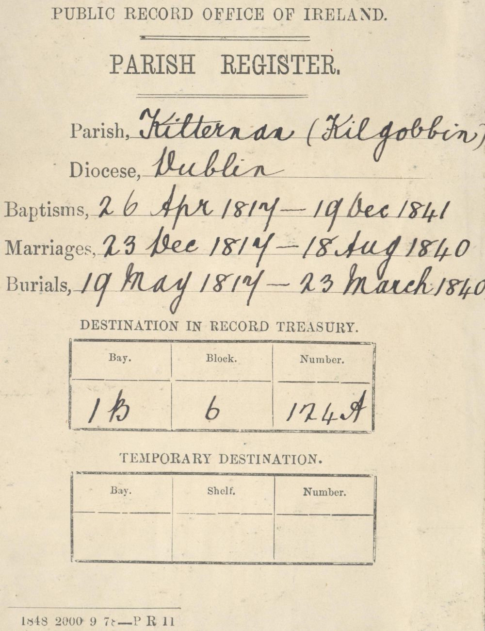 Public Record Office labels as affixed to each of the combined registers for Kilternan on receipt following their transfer in the context of the Public Records Office Ireland Act of 1867.