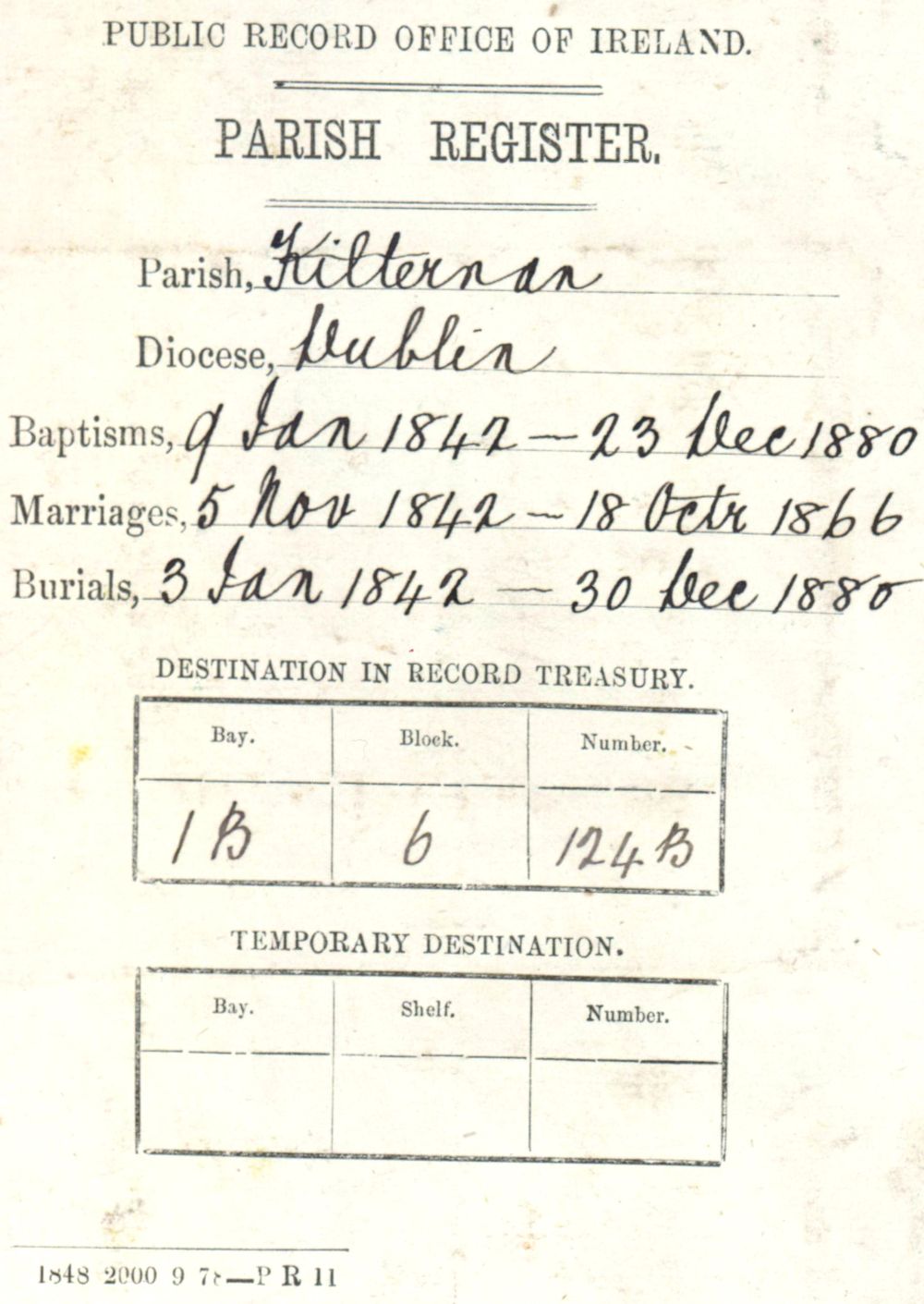 Public Record Office labels as affixed to each of the combined registers for Kilternan on receipt following their transfer in the context of the Public Records Office Ireland Act of 1867.