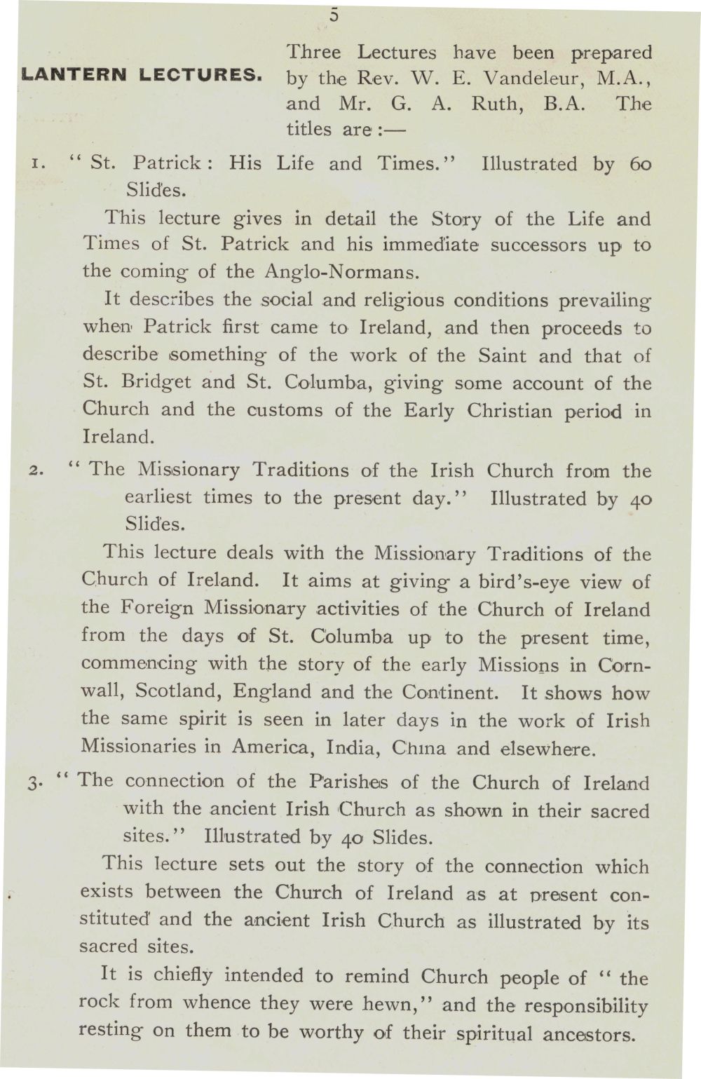 Detail about the lantern lectures as advertised in A Handbook of Celebrations, Lectures and Literature (1932) produced in advance of events during the Commemoration of St Patrick