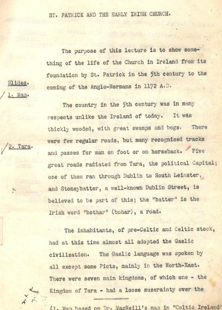 Text from St Patrick's Commemoration Lecture 1 p. 1, which indicates the source of the map is based on Dr MacNeill's “Celtic Ireland”