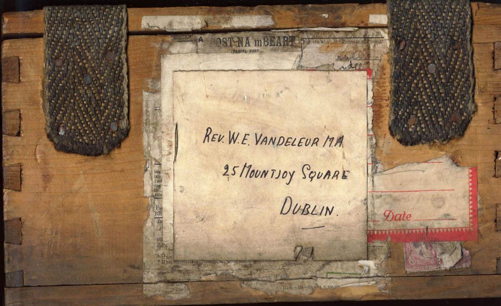 This box provides a vital clue to the originator of the entire St Patrick's Deanery lantern slide collection, as it was addressed to the Revd W.E. Vandeleur MA at 25 Mountjoy Square Dublin. The Revd Canon William Elder George Ormsby Vandeleur was Warden of the Divinity Hostel in Mountjoy Square (where ordinands training for Church of Ireland ministry – who studied at Trinity College lived) between 1928 and 1934, and thus centrally involved in education within the Church. He was responsible for the lantern lectures in 1932.
