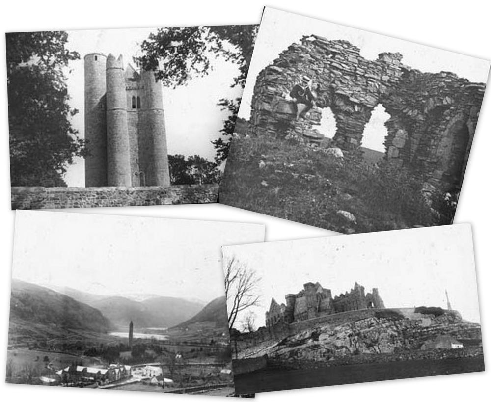 Selection of lantern slide images as follows: Church and Round Tower, Lusk, Co. Dublin; Church Island, Skerries, Co. Dublin; General View of Glendalough, Co. Wicklow; The Rock of Cashel, Co. Tipperary, RCB Library St Patrick's Deanery lantern slide collection