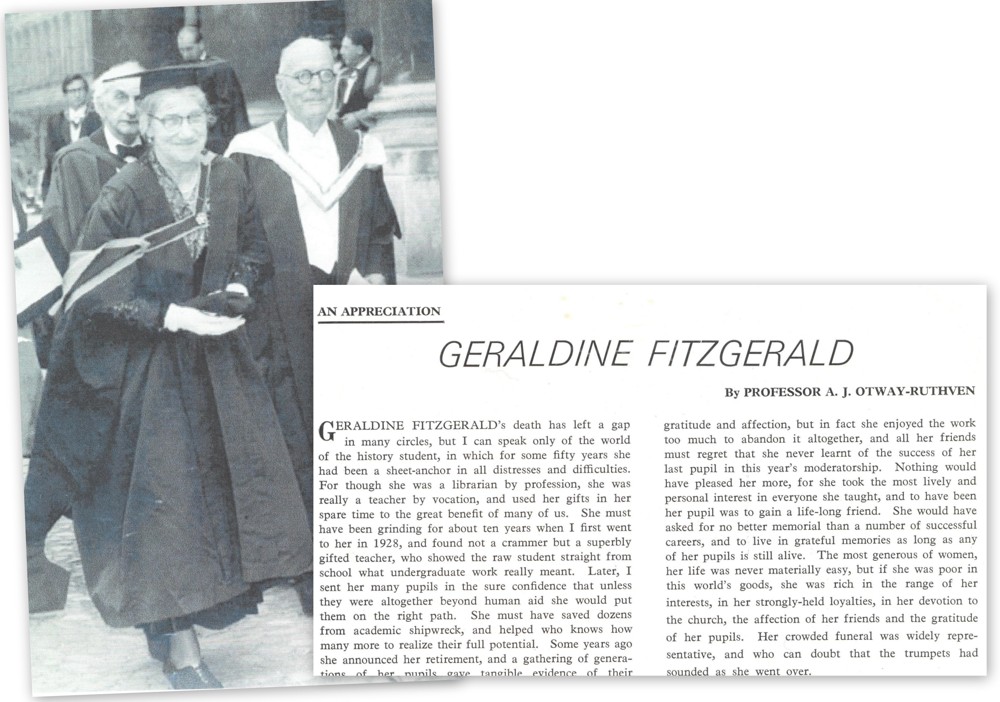 Graduation image of Miss Fitzgerald, awarded an honorary MA degree by Trinity College Dublin in 1962 for her role as RCB Librarian, together with appreciation of her life by Professor A.J. Otway-Ruthven, published after her death in the Church of Ireland Gazette, RCB Library Ms 1008/3