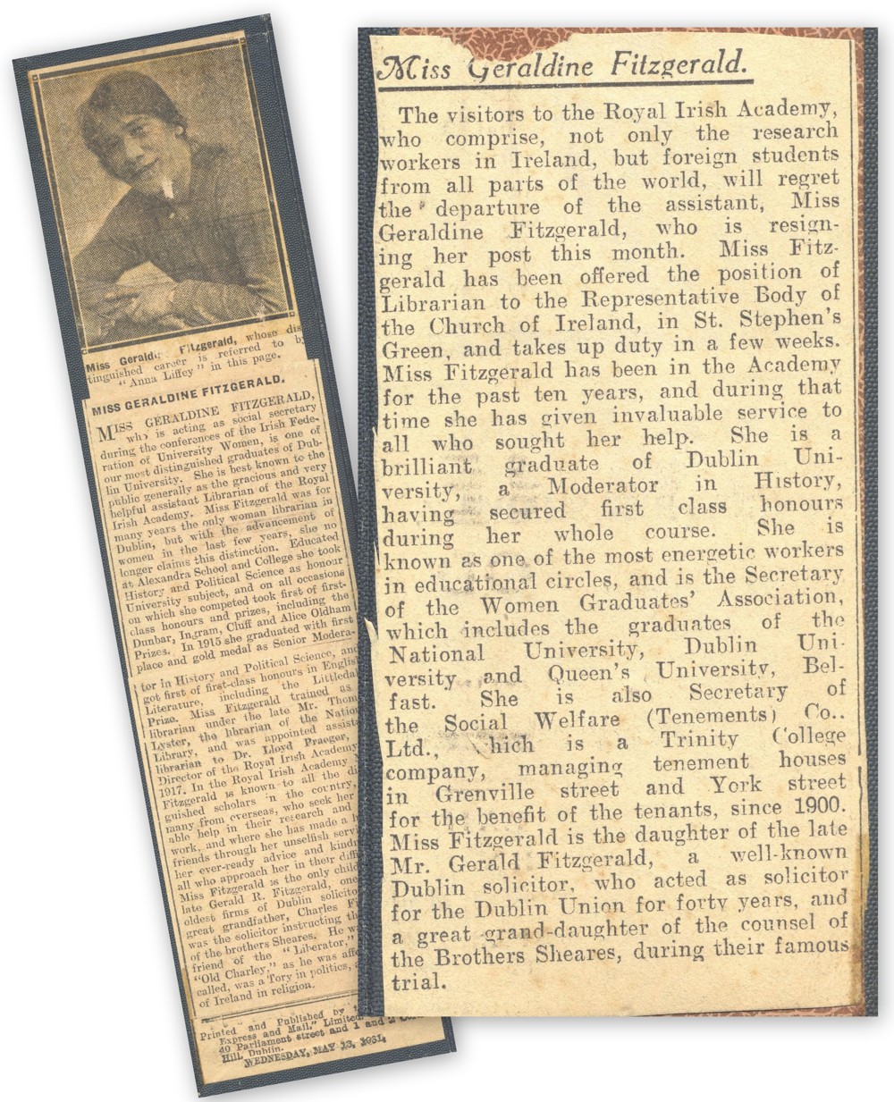 Press cuttings recounting the achievements of Miss Geraldine Fitzgerald, RCB Library Ms 1008/3