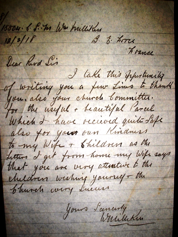 Letter dated 12 February 1918, from William Milliken, France, to Revd Arthur Barton, Dundela Parish, Belfast, in RCB Library D3.11.9.3.3