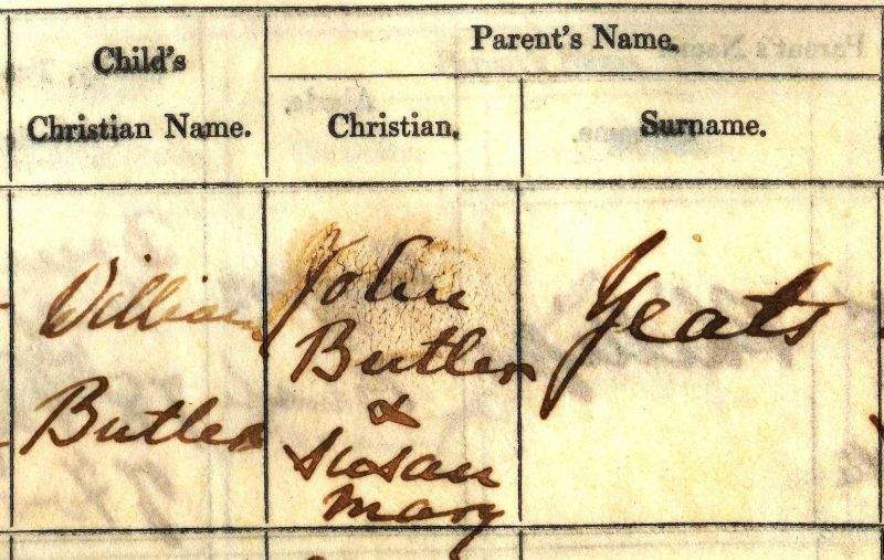 Detail from the baptismal entry for William Butler Yeats, from the Donnybrook baptismal register, RCB Library P246/2/1