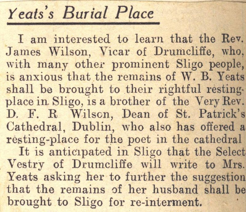 Press cuttings concerning the re-internment of W.B. Yeats in RCB Library St Patrick's Cathedral Scrapbook 1901-1945, RCB Library C2/1/28/2.3