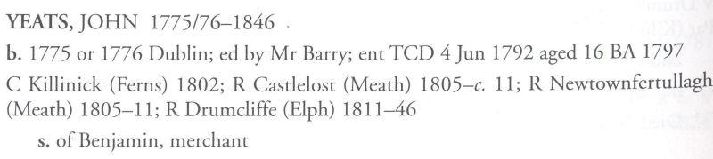 Biographical entry for John Yeats, rector of Drumcliffe in James B. Leslie and David Crooks (eds), Clergy of Kilmore, Elphin and Ardagh Biographical Succession Lists (2008), pp 926–927