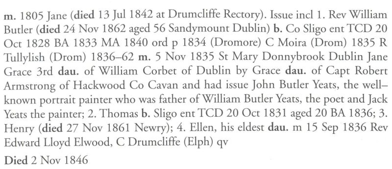 Biographical entry for John Yeats, rector of Drumcliffe in James B. Leslie and David Crooks (eds), Clergy of Kilmore, Elphin and Ardagh Biographical Succession Lists (2008), pp 926–927
