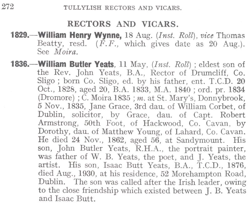 Biographical entry for William Butler Yeats, rector of Tullylish, in Henry B. Swanzy, Succession Lists of the Diocese of Dromore (1933) p. 272