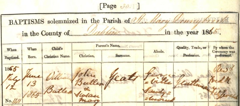Detail from the baptismal entry for William Butler Yeats, from the Donnybrook baptismal register, RCB Library P246/2/1