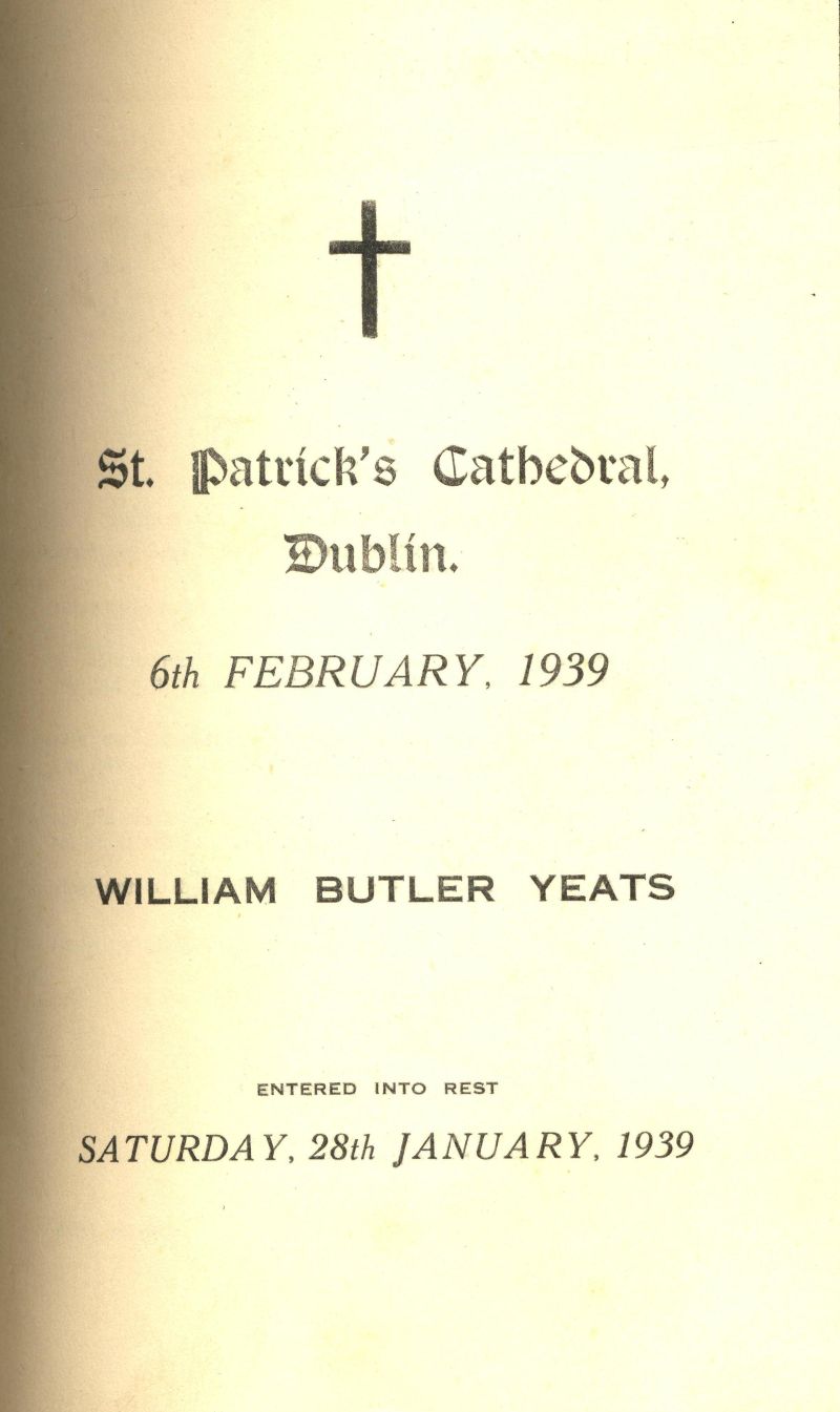 Order of service for the memorial of W.B. Yeats, held in St Patrick's Cathedral Dublin, a week after the poet's death, 6 February 1939, RCB Library St Patrick's Cathedral Scrapbook 1901–1945, RCB Library C2/1/28/2.3