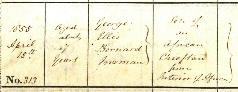 Detail from the baptismal entry of George Ellis Bernard Freeman, a child of about 7 years baptised on 15 April 1855, Kilbrogan parish combined register of baptisms, marriages and burials, RCB Library P144.1.2
