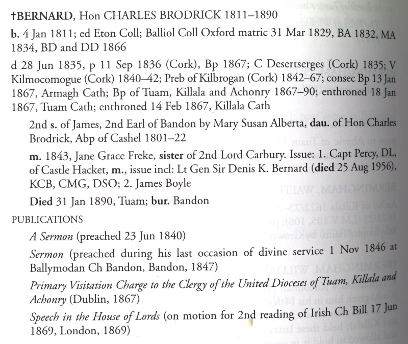 Biographical entry for Revd Charles Bernard, in Clergy of Tuam, Killala and Achonry, revised, edited and updated by Canon D.W.T. Crooks (Belfast, 2008), p 260.