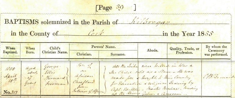 Baptismal entry of George Ellis Bernard Freeman, on 15 April 1855, Kilbrogan parish combined register of baptisms, marriages and burials, RCB Library P144.1.2