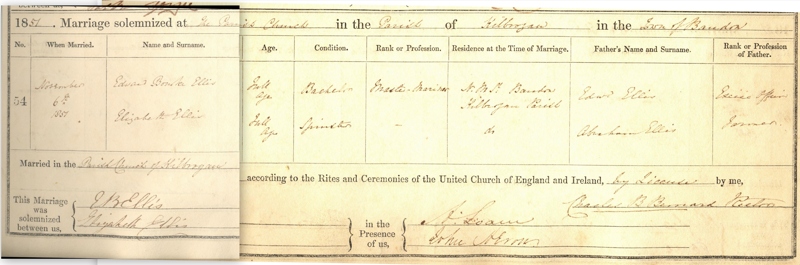 Marriage of George Bourke Ellis and Elizabeth Ellis, on 6 November 1851, Kilbrogan parish register of marriages, RCB Library P144.3.1