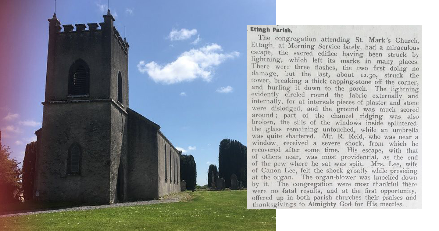 St Mark's church, Ettagh, County Offaly, with the report on its lightning strike, on Sunday, 21st June 1912.