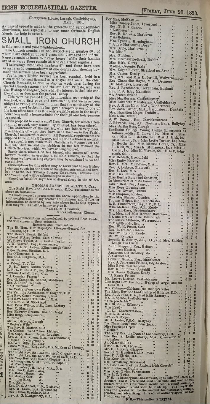 List of subscribers to the tin church at Laragh, as published in the 'Irish Ecclesiastical Gazette', forerunner to the Church of Ireland Gazette, 20th June 1890.