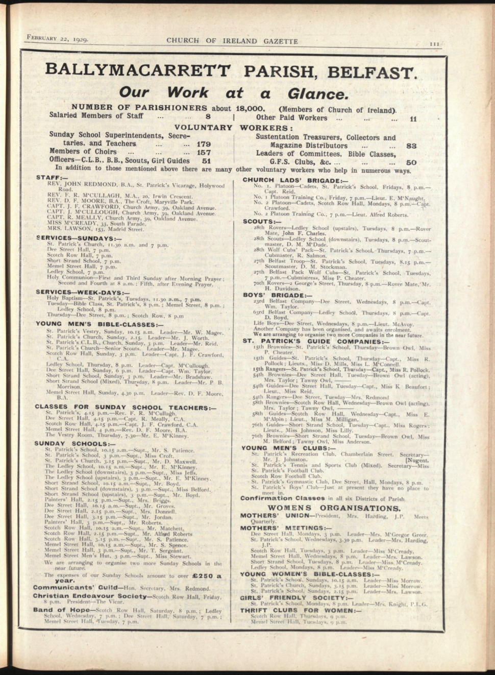 Full page coverage of the work of the parish, Church of Ireland Gazette, 22nd February 1929.