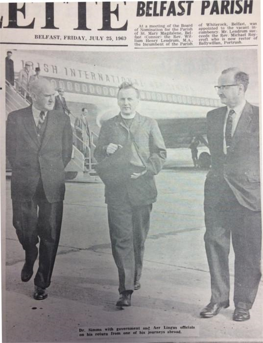 The then newly elected Archbishop of Armagh, the Most Revd Dr George Otto Simms, with government and Aer Lingus officials on return from a journey abroad, published in the Gazette edition of 25th July 1969.