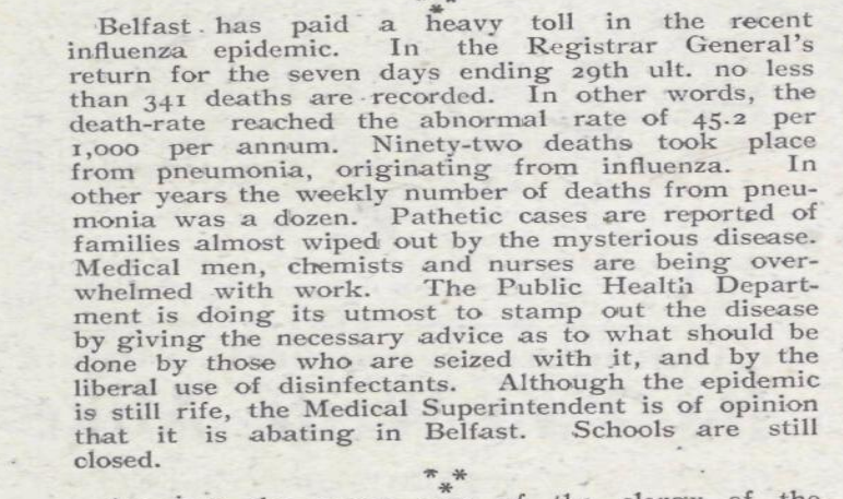 Column from the Church of Ireland Gazette, 12 July 1918, as a sample of the early reporting on the influenza outbreak.