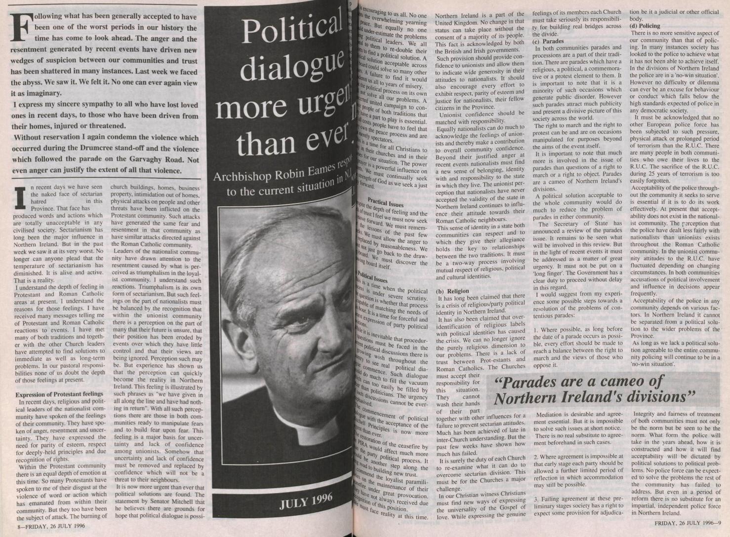 Archbishop Eames urges political dialogue in the Church of Ireland Gazette, 26th July 1996.