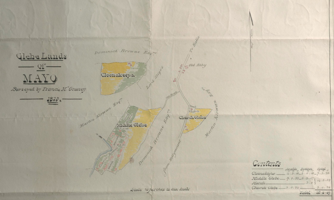 This is an example of an early survey of the glebe lands of Mayo, surveyed by Francis McGreevey in 1825. Some of the maps that form part of this collection contain details of important or historical buildings, as well as referencing the names of important landowners from the area. RCB Library D5/17/14