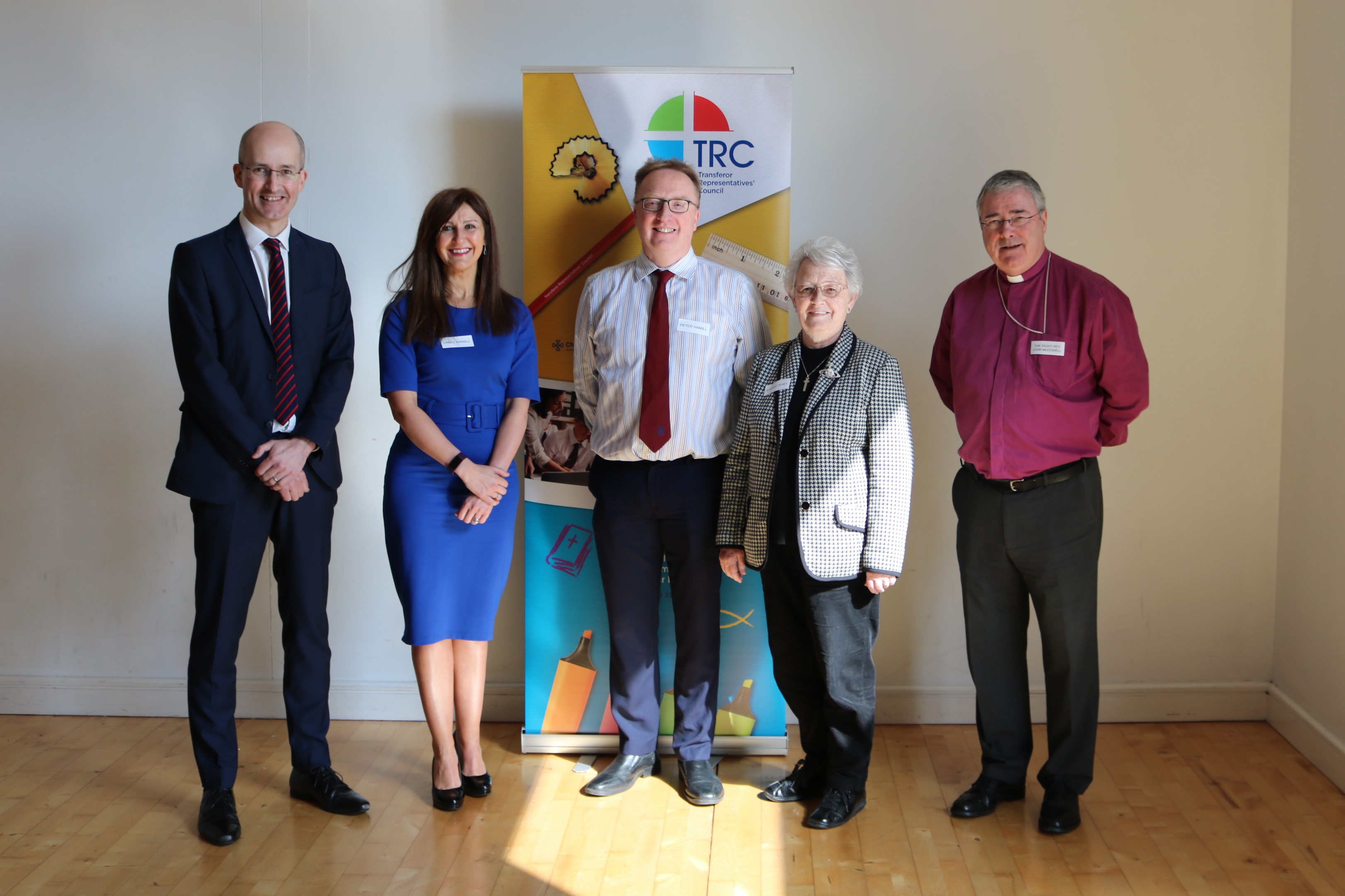 From left: Dr Noel Purdy, Stranmillis University College; Linsey Farrell, Department of Education; Dr Peter Hamill, TRC Secretary; Rosemary Rainey OBE, TRC Chair; and Archbishop John McDowell.