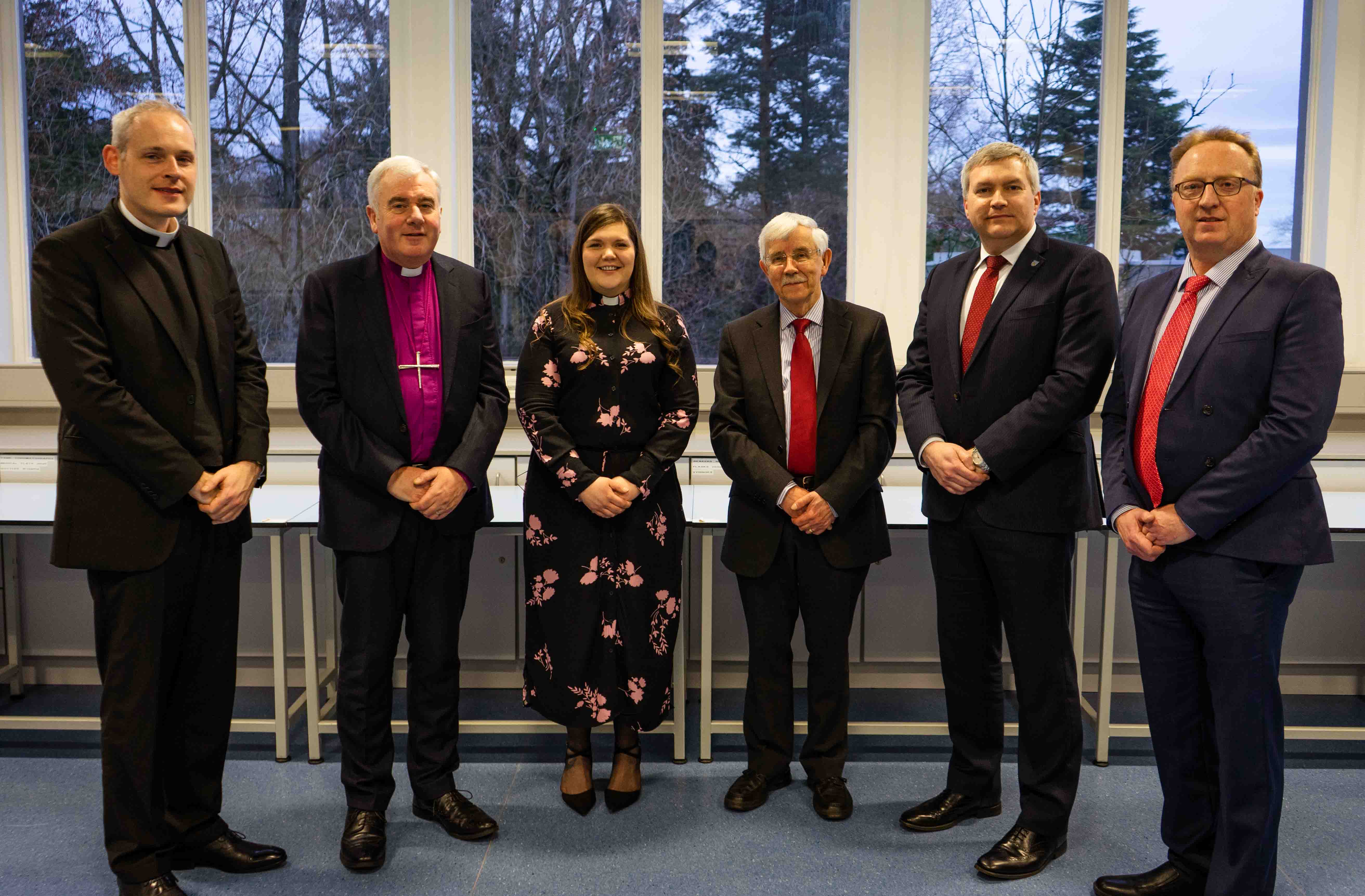 From left: Fr Dominic McGrattan, Catholic Chaplain at Queen's; Bishop David McClay; the Revd Danielle McCullagh, Church of Ireland and Methodist Chaplain at Queen's; Professor Cooling; Dr Jonathan Heggarty, Stranmillis University College; and Dr Peter Hamill, Church of Ireland Board of Education (Northern Ireland).