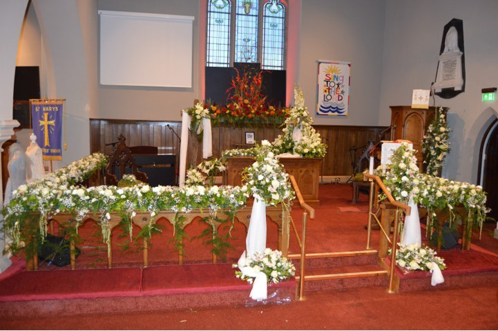 The magnificent floral display at the Chancel in St Mary's Church, Ardess.